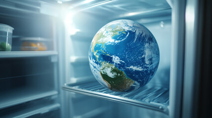 Fototapeta premium Planet Earth stands in the freezer of a refrigerator - a concept of global warming