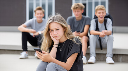 Cyberbullying at school. Teenage girl gets teased by boys while checking messages on her mobile phone. Adolescence and social rejection