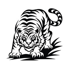 Black and White Stylized Tiger Prowling in Grass, Feline Predator, Bold Stripes, Menacing