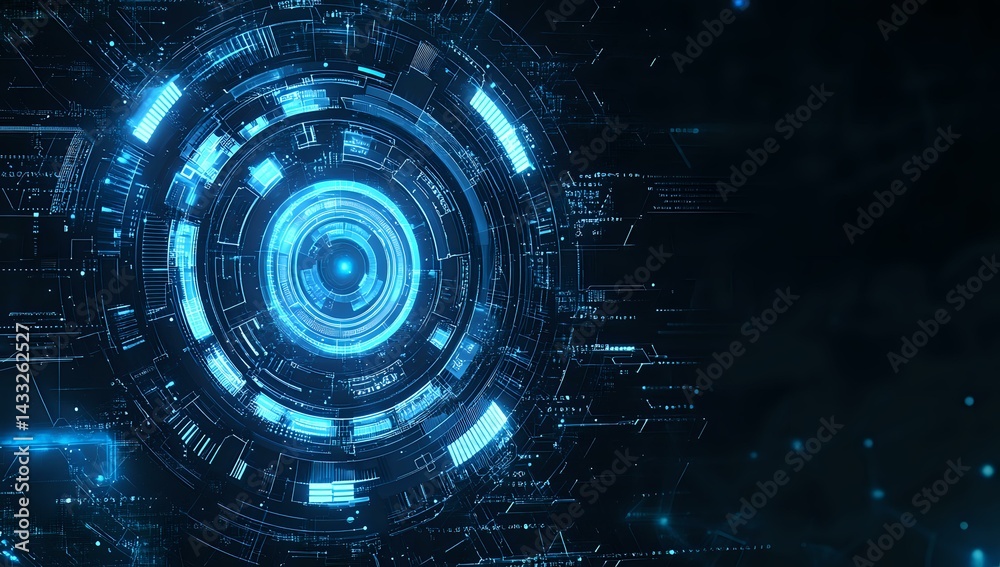 Poster glowing blue circular technology pattern with digital elements and futuristic interface design on da