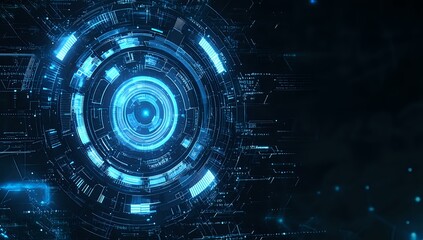 Glowing blue circular technology pattern with digital elements and futuristic interface design on dark background, suitable for tech presentations and digital concepts.