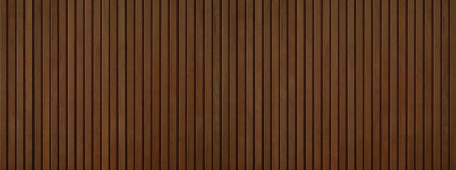 Long panoramic wooden background banner - vertical brown wooden acoustic panels.