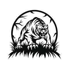 Monochrome Silhouette Striking Tiger Emerging from Grassy Thicket Under Arched Trees