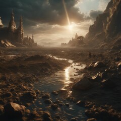 AI-generated dramatic fantasy landscape with a medieval castle at sunset