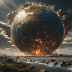 AI-generated dramatic digital illustration of Earth engulfed in flames