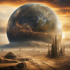 AI-generated futuristic cityscape with towering structures and a giant planet in the sky