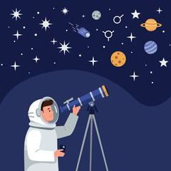 Naklejka premium Astronomer looking through telescope at stars planets and meteor in dark night sky vector illustration 