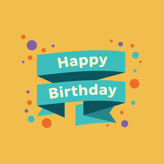 Obraz premium Happy birthday blue ribbon banner with colorful confetti on yellow background vector illustration 