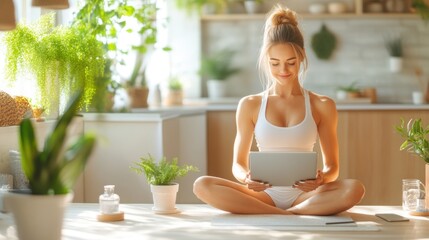 Woman in white sportswear uses tablet in her home