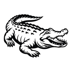 Stylized Alligator Illustration, Black and White Crocodile with Open Mouth, Isolated Reptile