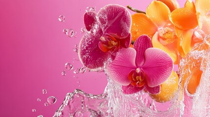 Vibrant orchids with water splash on pink background