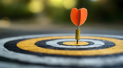 An orange dart hitting the bulls-eye of a target symbolizing goals accuracy and achievement.