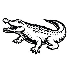 Alligator with Open Mouth Silhouette in Black and White on Isolated Background
