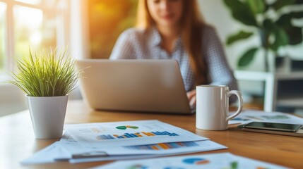 Caucasian woman typing on laptop, analyzing charts, sipping coffee, working on financial data.