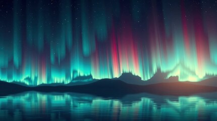 Aurora Display Over Still Lake at Night with Mountain Silhouette