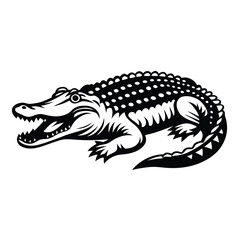 Isolated Black Silhouette Alligator, Mouth Open, Teeth Showing, On White Background