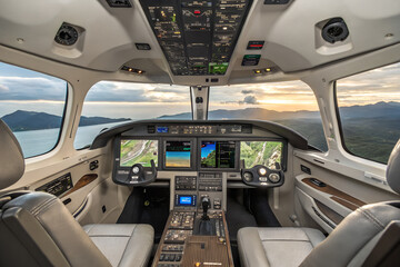 Interior of an aircraft cockpit with navigation systems. Great for pilots, flight training, and aviation design.