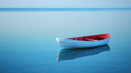 Fototapeta premium Rowboat floats peacefully water reflecting serene scene calmness simplicity and invitation personal introspection.