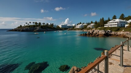 Obraz premium Calm bay, white houses, turquoise water, sunny day, idyllic vacation