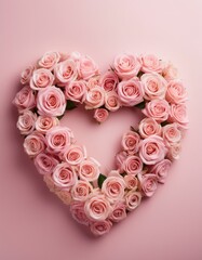 Obraz premium Top view of heart made of pink roses on pale pink background with copy space. Valentine's day or Mother's day concept. Generated image