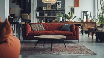 Modern living room with orange sofa and plants