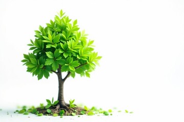 Obraz premium Tiny tree, vibrant green leaves, against pure white, seedling, white
