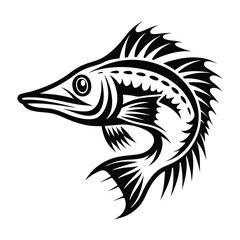Stylized Monochrome Fish Illustration, Ornamental Fins and Sharp Spikes, Isolated Design