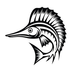 Black Silhouette of Sailfish on White Background, Marine Fish Outline 80