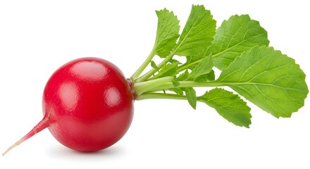 Vibrant Red Radish: A close-up shot captures the vibrant color and crisp texture of a single, freshly picked radish, with its leafy green top still attached.