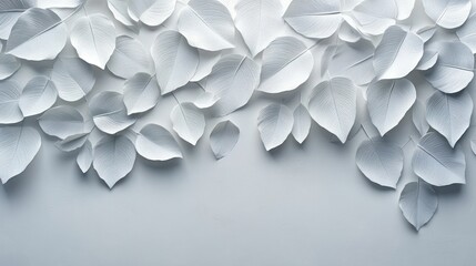 Many white flower petals scattered on a light gray surface creating a border.