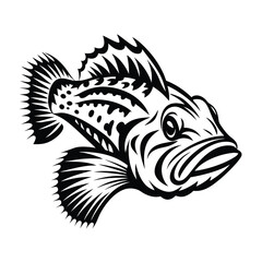 Grouper Fish Monochrome Illustration, Detailed Fins and Spotted Pattern, Artistic Black & White Design