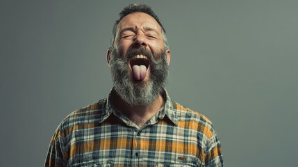 Fototapeta premium Man expresses humor by sticking out his tongue while wearing a plaid shirt against a neutral background
