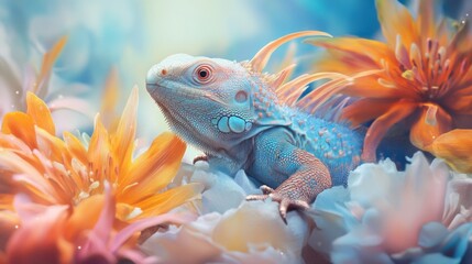 Fototapeta premium Colorful chameleon among tropical flowers