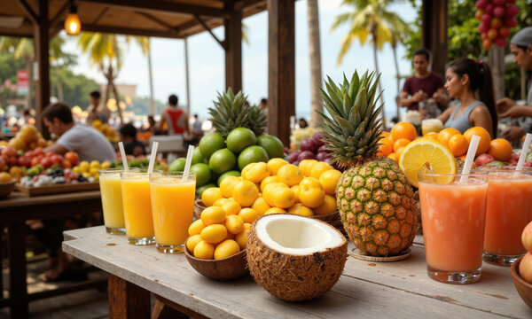 Tropical Fruit Stand, Fresh Juices, Bright Colors, Vibrant Market A bustling tropical fruit stand with fresh, vibrant fruits like pineapples, mangoes, and coconuts