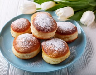 Many krapfen on a pale blue plate on white wooden table with white tulip flowers. Generated image