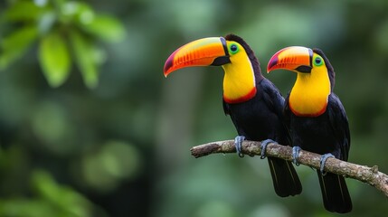 Fototapeta premium Two brightly colored toucans on a branch in a rainforest, perfect for nature or environmental design projects.