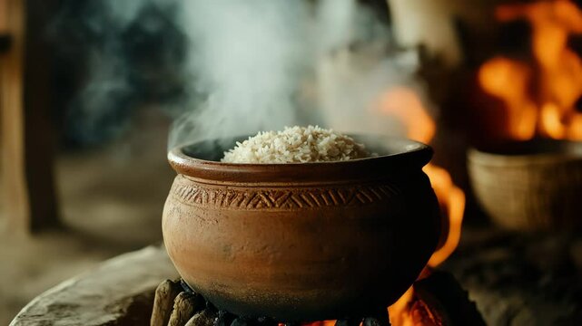 Close-up of clay stove with flickering wood fire under earthen pot. Steam rises from boiling rice. Rustic rural kitchen with textured soot and clean background. Shot in 4K, 120MS.