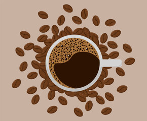 Cup with hot coffee, surrounded by scattered coffee beans. Ideal for café branding, menu design, packaging, coffee-related projects, and promotional materials.