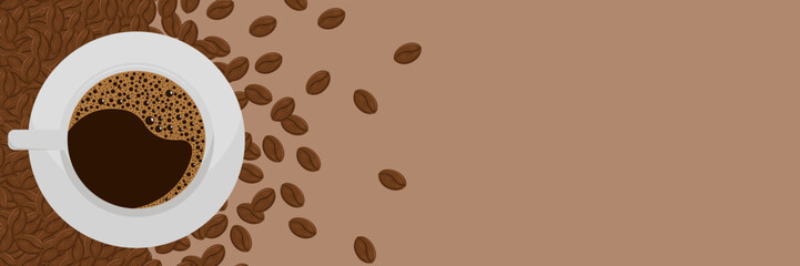 Cup with hot coffee, surrounded by scattered coffee beans. Ideal for café branding, menu design, packaging, coffee-related projects, and promotional materials.