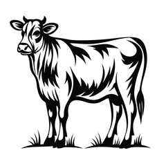 Black silhouette of standing cow with short horns in the grass