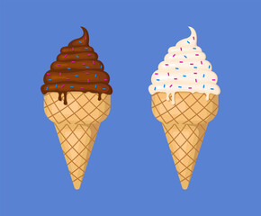 Delicious illustration of two ice cream scoops – chocolate and vanilla – topped with colorful sprinkles. Perfect for dessert menus, food packaging, social media posts, or summer-themed designs.