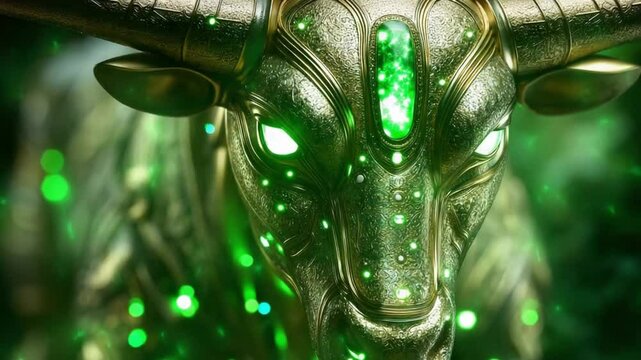 Discover the rich symbolism of Taurus, the second sign in the zodiac, portrayed through a striking golden bull ornament. Embrace the traits associated with this earth sign amidst lush greenery