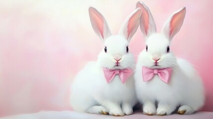 Obraz premium Two adorable white rabbits with pink bows sit side by side on a gentle pink backdrop, creating a charming sight