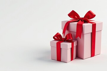 Obraz premium Elegant red ribbon tied gift boxes on white background, graphic, birthday