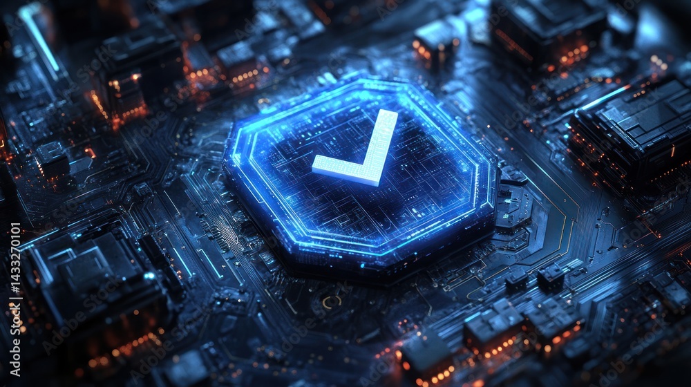 Poster glowing checkmark on a complex circuit board with intricate details and dark background.