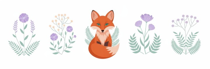 Cute fox surrounded by floral elements