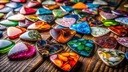 Guitar Picks Collection, Close-up Photography, High Depth of Field, Musical Instrument Accessories, Detailed Image