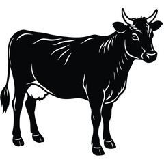 Black and White Cow Silhouette, Farm Animal Outline, Domestic Cattle Icon, Bovine Outline