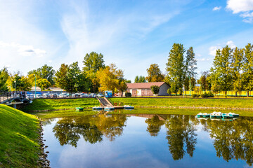 Brest City Park Belarus green nature river lake pond bridge.