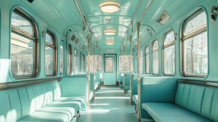 Fototapeta premium Empty vintage train car, sunlight, station view